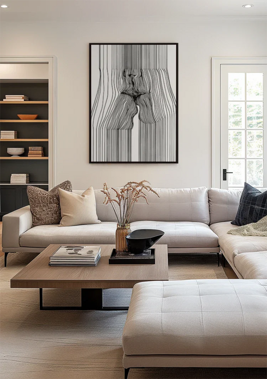 Vrouwelijk gezicht opgebouwd uit lijnen canvas schilderij aan de muur in de hal