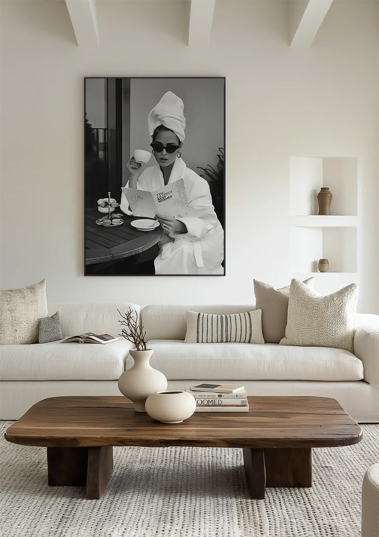 Elegant Woman Bathrobe Sunglasses Coffee Black White Glamour Painting