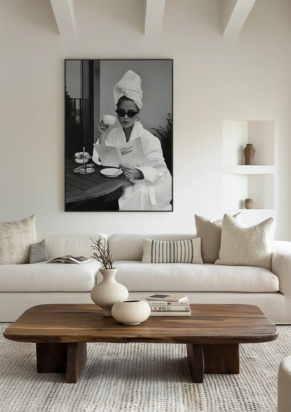 Elegant Woman Bathrobe Sunglasses Coffee Black White Glamour Painting