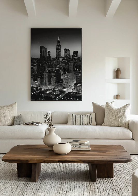 Stadssilhouet canvas schilderij aan de muur boven het bed in de slaapkamer