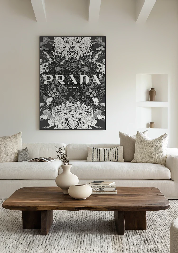 Intricaat Bloemenpatroon Zwart Wit Symmetrisch Botanisch Schilderij