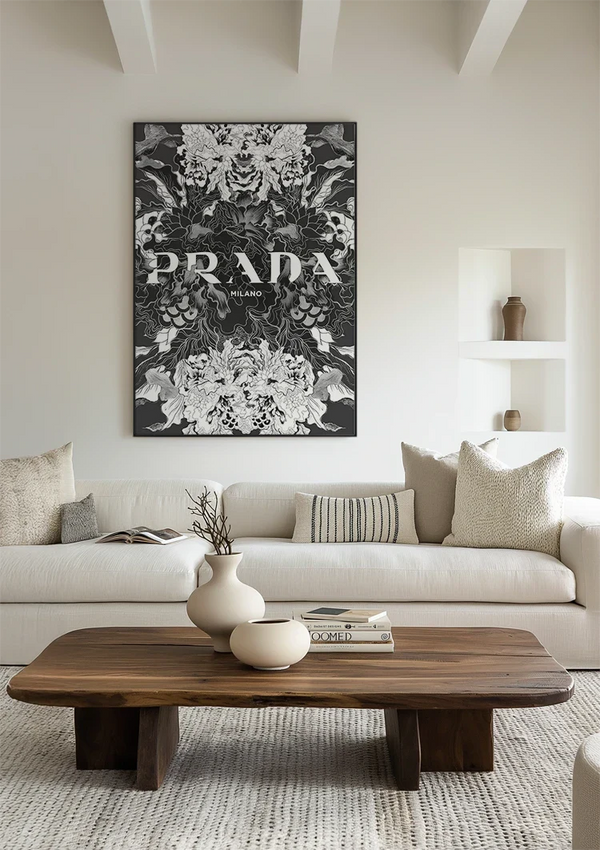 Intricaat Bloemenpatroon Zwart Wit Symmetrisch Botanisch Schilderij