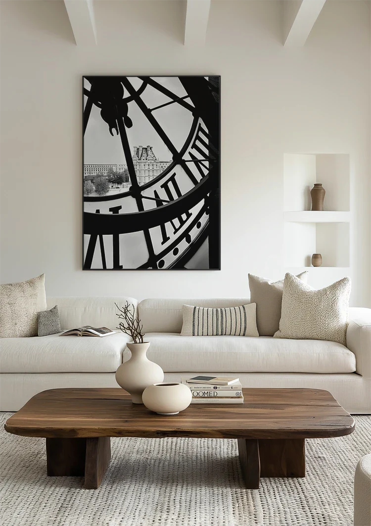 Clock Dial City View Paris Black and White Photography Painting