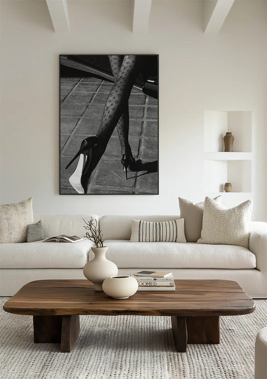 Vrouwelijke Benen Netkousen Hoge Hakken Mode Zwart Wit Canvas Schilderij