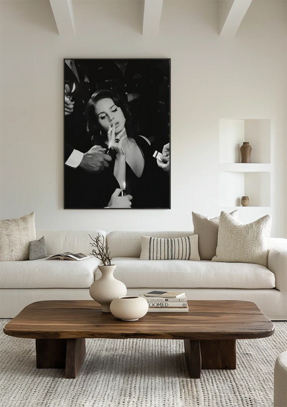 Glamouröse Frau Schwarz Weiß Zigarette Film Noir Hollywood Stil Gemälde