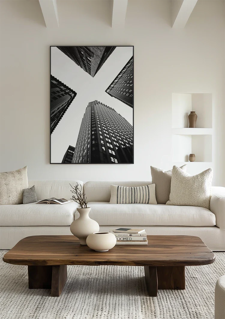 Vier Wolkenkrabbers Vogelperspectief Geometrisch Zwart Wit Fotografie Schilderij