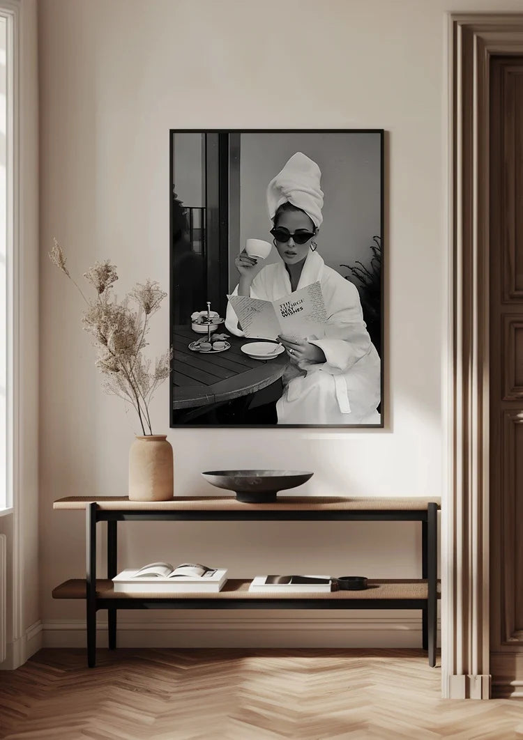 Elegant Woman Bathrobe Sunglasses Coffee Black White Glamour Painting