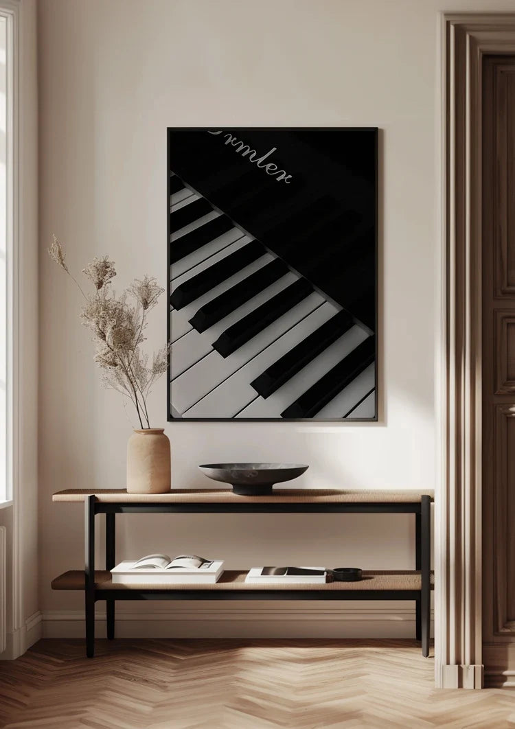 Close Up Pianotoetsen Zwart Wit Diagonaal Dramatisch Schilderij