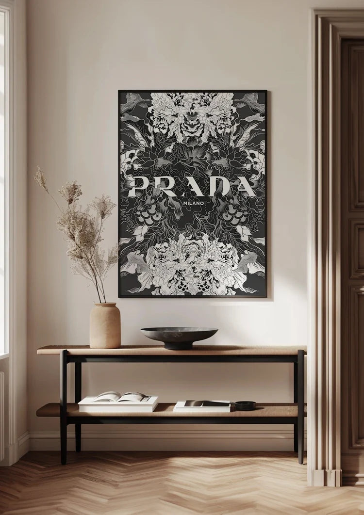 Intricaat Bloemenpatroon Zwart Wit Symmetrisch Botanisch Schilderij