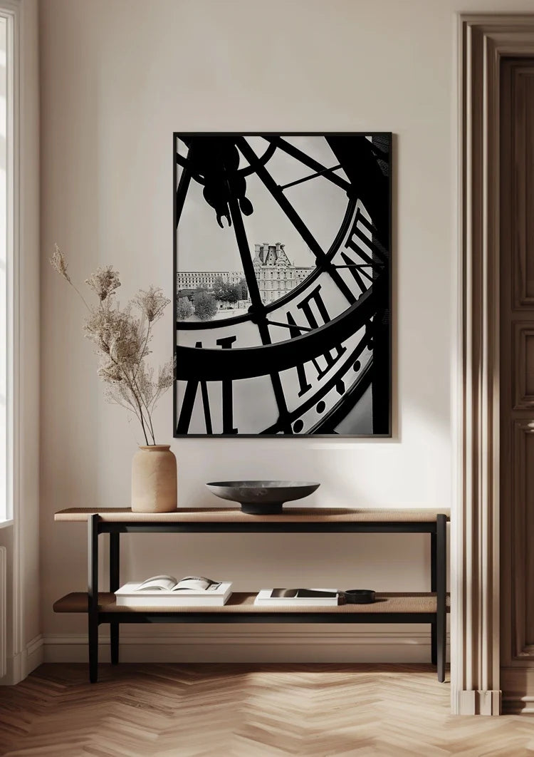 Clock Dial City View Paris Black and White Photography Painting