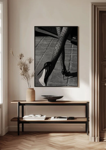 Vrouwelijke Benen Netkousen Hoge Hakken Mode Zwart Wit Schilderij