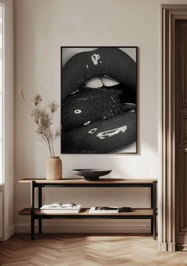 Glossy Lips Strawberry Black White Close-up Beauty Portrait Painting