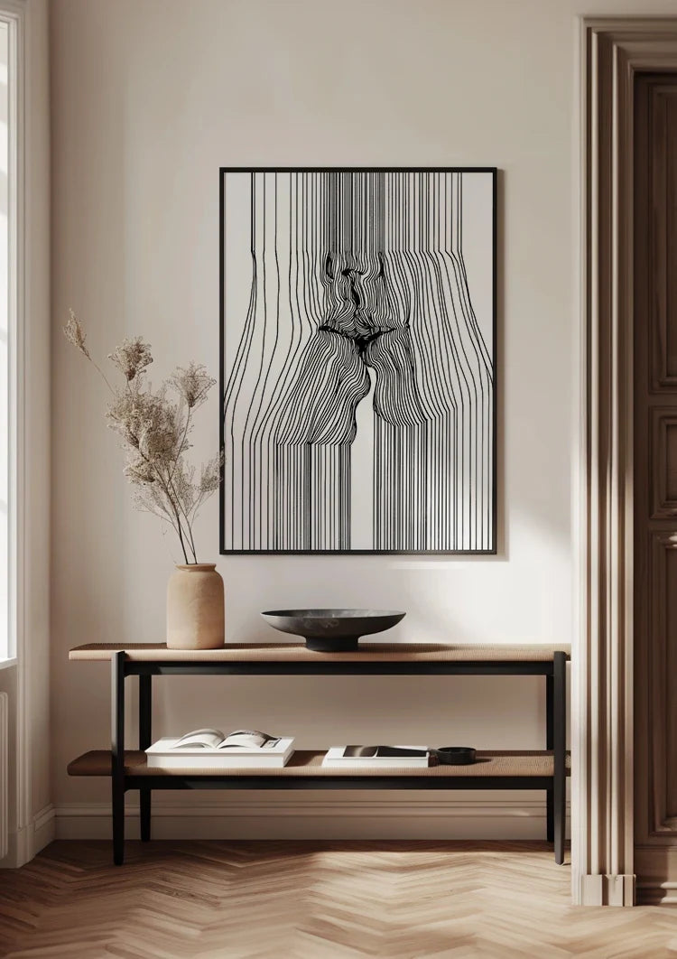 Weibliche Figur Vertikale Schwarze Linien Minimalistisches Abstraktes Gemälde