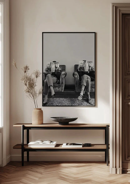 Two Women Armchairs Fashion Magazines Black White Waiting Room Painting
