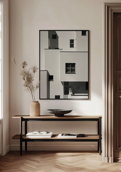 Weiße Fassaden Schwarze Fensterrahmen Moderne Architektur Schwarz-Weiß-Gemälde