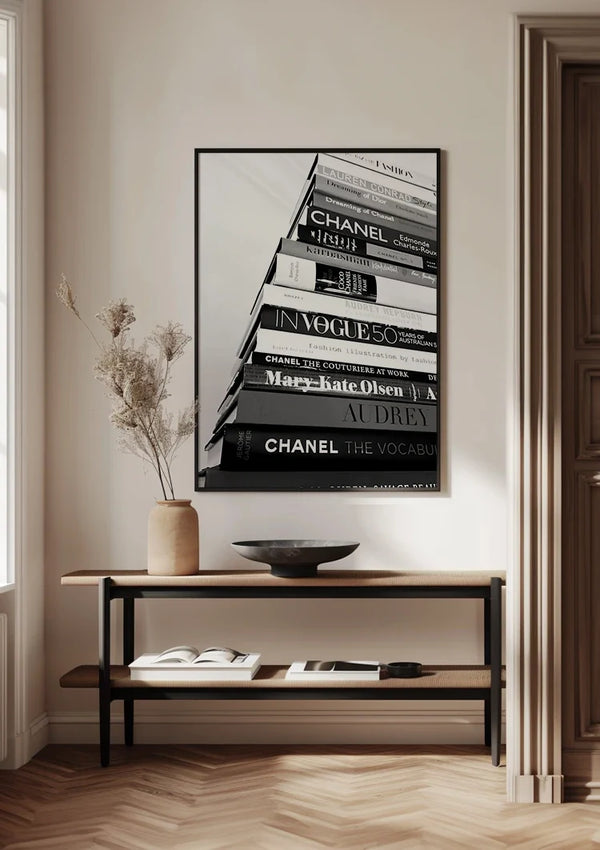 Chanel Vogue Mode Boeken Stapel Zwart Wit Fotografie Schilderij