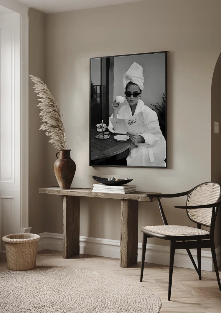 Elegant Woman Bathrobe Sunglasses Coffee Black White Glamour Painting