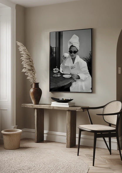 Elegant Woman Bathrobe Sunglasses Coffee Black White Glamour Painting