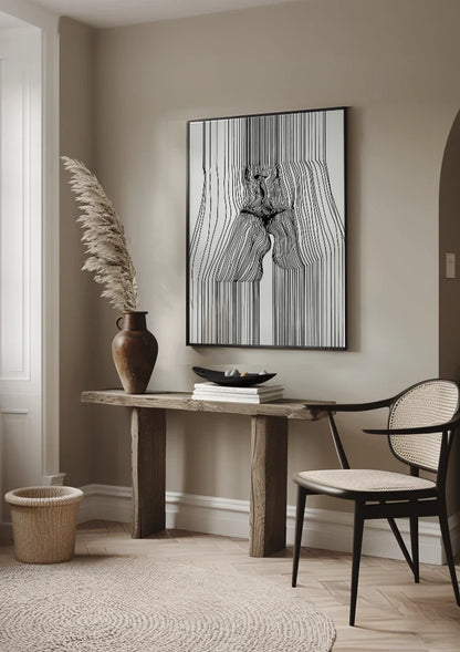 Weibliche Figur Vertikale Schwarze Linien Minimalistisches Abstraktes Gemälde