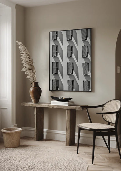 Gebäudefassade Fenster Geometrisches Muster Architektur Schwarz-Weiß-Fotografie Gemälde