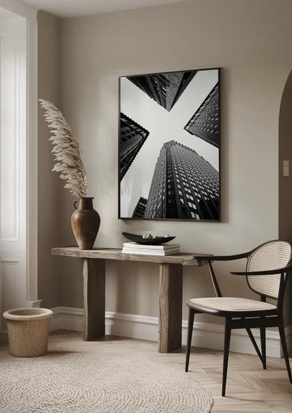 Vier Wolkenkrabbers Vogelperspectief Geometrisch Zwart Wit Fotografie Schilderij