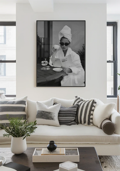 Elegant Woman Bathrobe Sunglasses Coffee Black White Glamour Painting