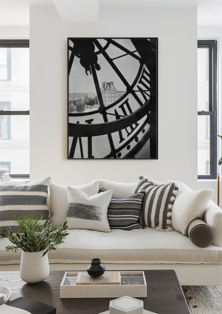 Clock Dial City View Paris Black and White Photography Painting