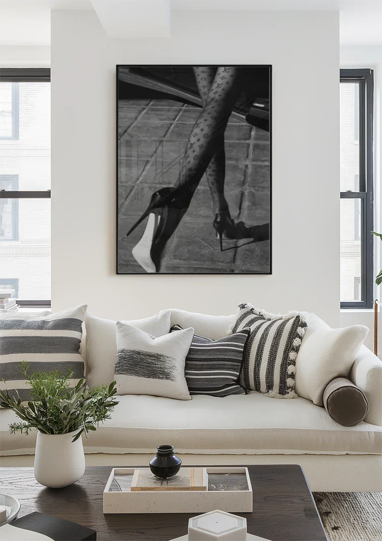 Vrouwelijke Benen Netkousen Hoge Hakken Mode Zwart Wit Schilderij