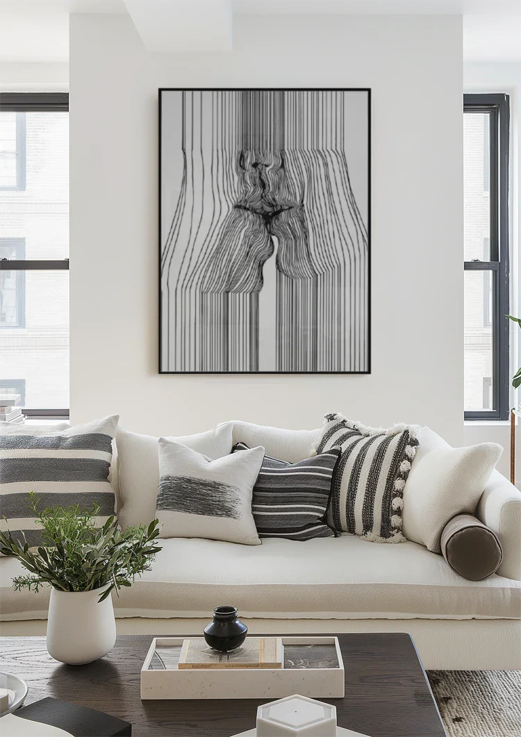 Weibliche Figur Vertikale Schwarze Linien Minimalistisches Abstraktes Gemälde