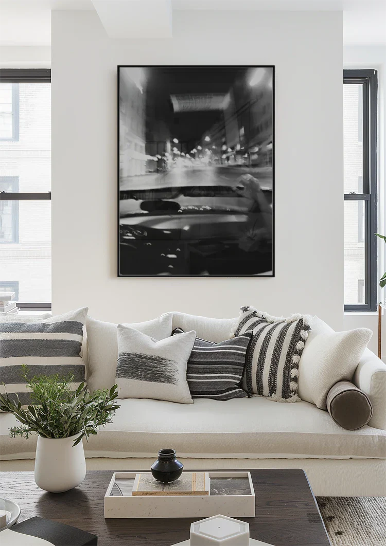 Aussicht Fahrendes Auto Nacht Straße Schwarz-Weiß-Fotografie Gemälde