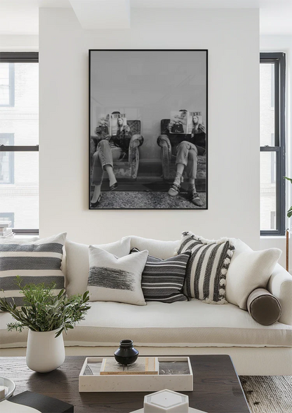 Two Women Armchairs Fashion Magazines Black White Waiting Room Painting