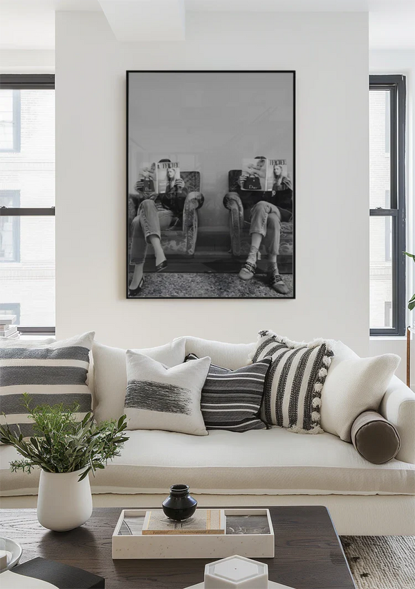 Two Women Armchairs Fashion Magazines Black White Waiting Room Painting