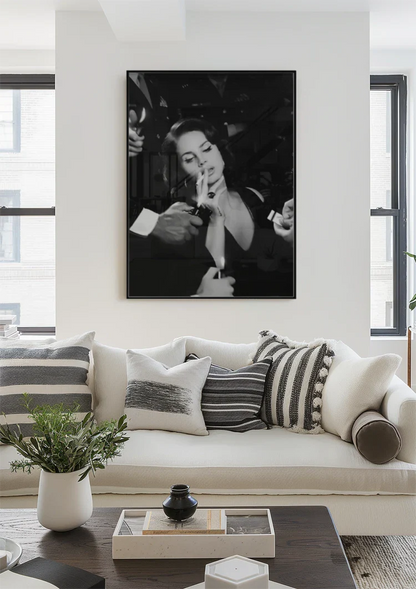 Glamouröse Frau Schwarz Weiß Zigarette Film Noir Hollywood Stil Gemälde