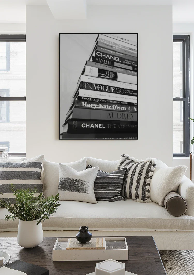 Chanel Vogue Mode Boeken Stapel Zwart Wit Fotografie Schilderij