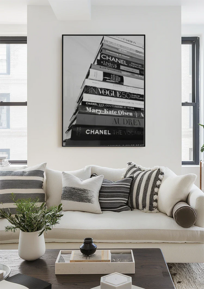 Chanel Vogue Mode Boeken Stapel Zwart Wit Fotografie Schilderij