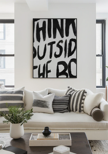 Think Outside The Box Zwarte Letters Wit Typografie Motivatie Schilderij