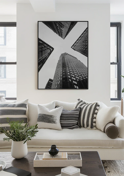 Vier Wolkenkrabbers Vogelperspectief Geometrisch Zwart Wit Fotografie Schilderij