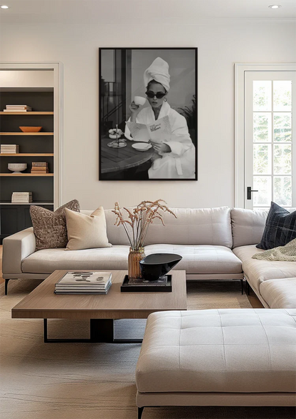 Elegant Woman Bathrobe Sunglasses Coffee Black White Glamour Painting