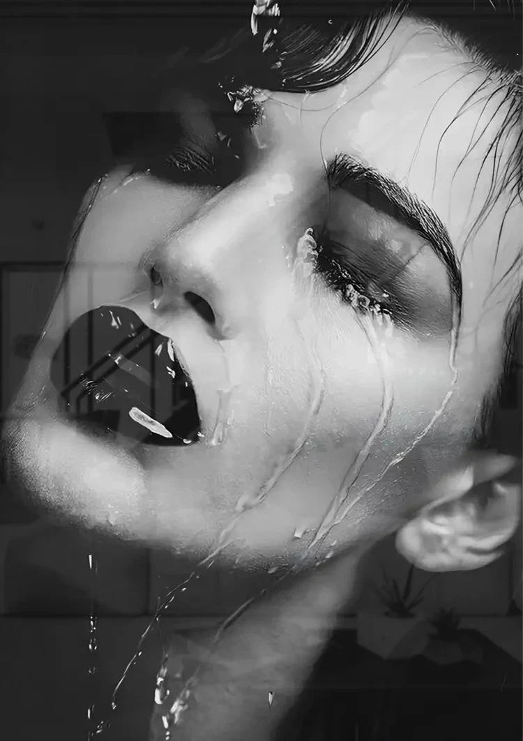 Female Portrait Wet Hair Water Droplets Black White Dramatic Painting