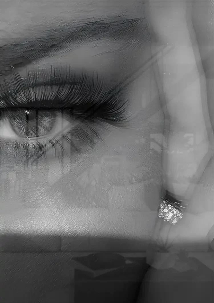 Woman's Eye Close-up Long Lashes Makeup Black and White Portrait Painting
