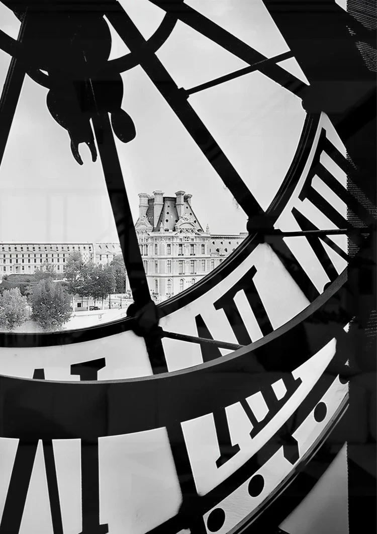 Clock Dial City View Paris Black and White Photography Painting