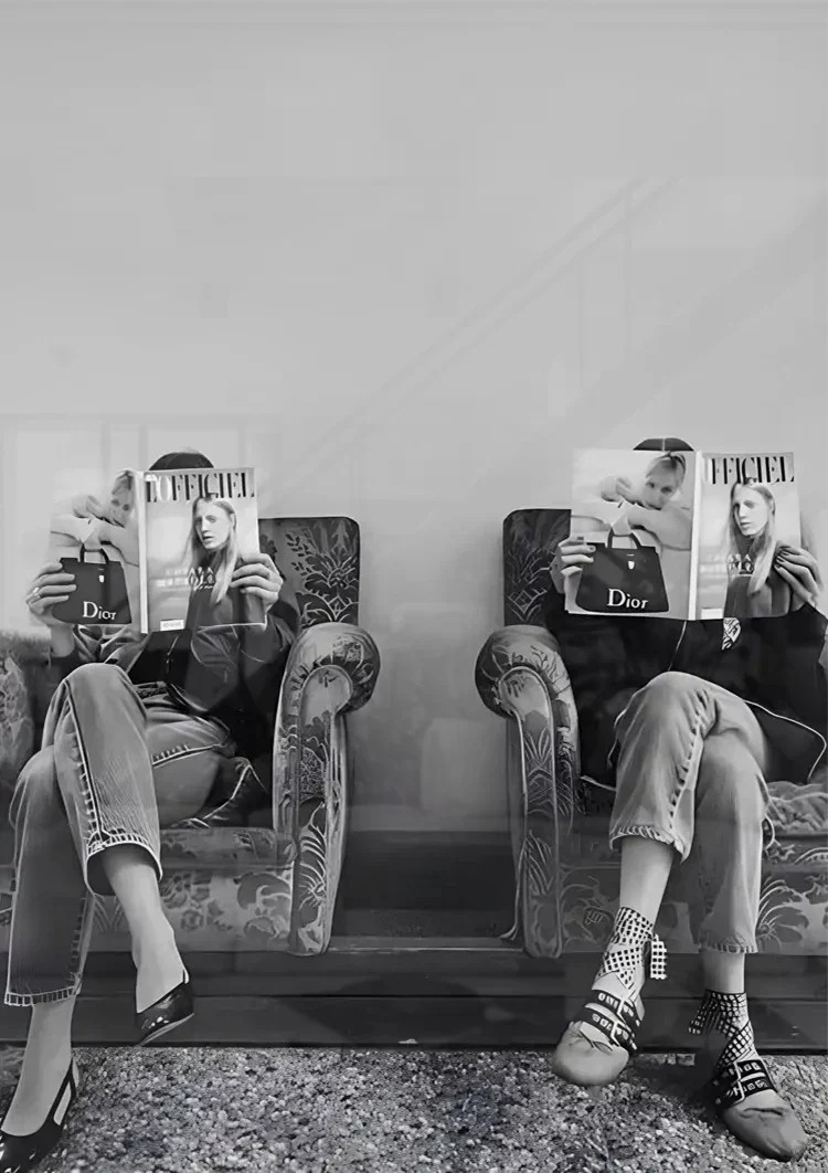Two Women Armchairs Fashion Magazines Black White Waiting Room Painting
