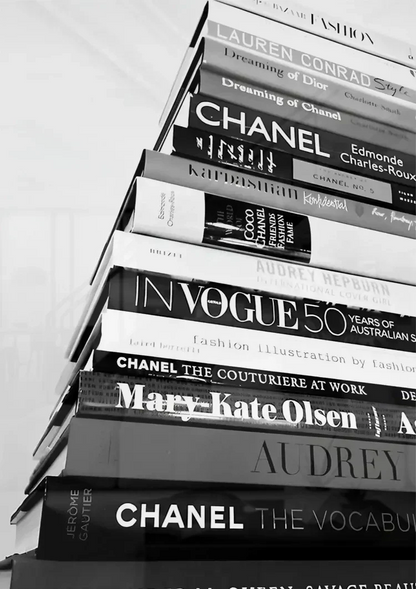Chanel Vogue Mode Boeken Stapel Zwart Wit Fotografie Schilderij