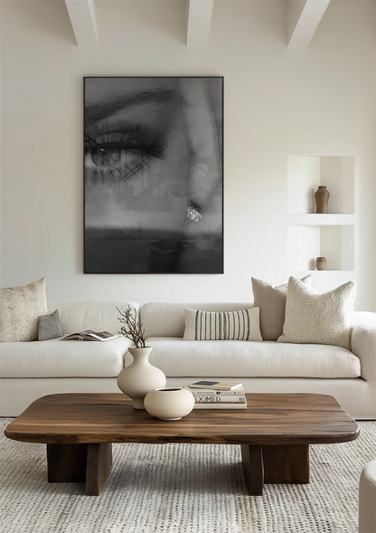 Woman's Eye Close-up Long Lashes Makeup Black and White Portrait Painting