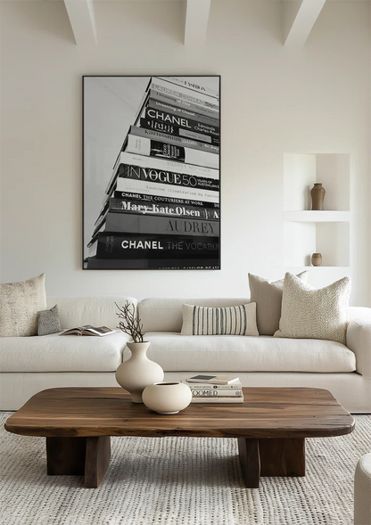 Chanel Vogue Mode Boeken Stapel Zwart Wit Fotografie Schilderij