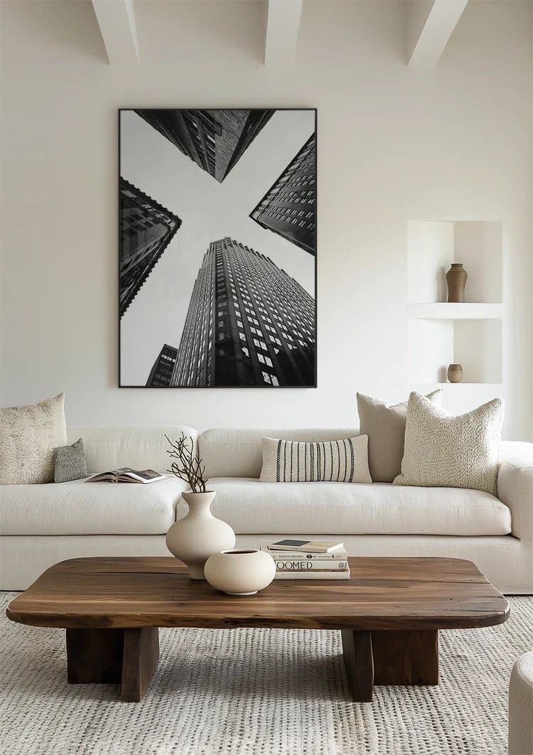 Vier Wolkenkrabbers Vogelperspectief Geometrisch Zwart Wit Fotografie Schilderij