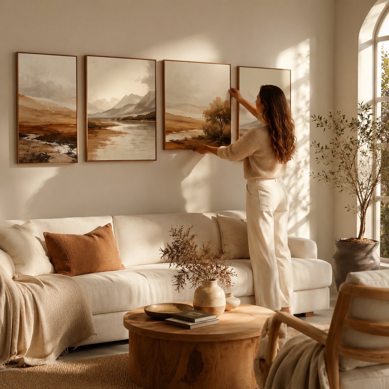 Vrouw hangt een set van vier canvas schilderijen met landschappen in warme aardetinten boven een beige bank in een lichte woonkamer